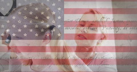Mother Brushing Daughter's Hair with American Flag Overlay