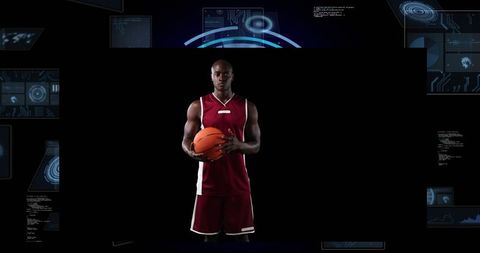 Focused African-American Basketball Player with High-Tech Interface Elements