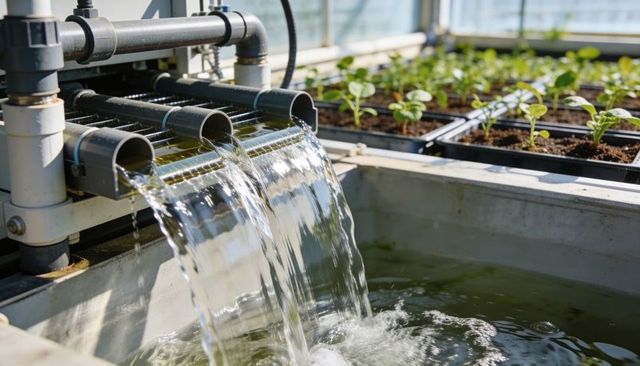 Hydroponic water cascading from pvc outlets into recirculating trough in greenhouse