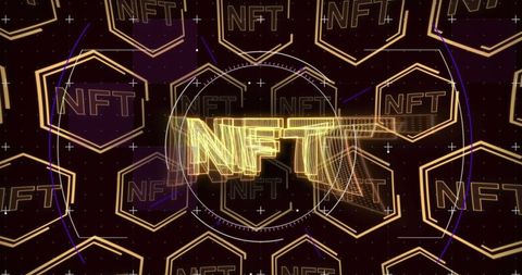 Dynamic neon nft symbols on futuristic digital display