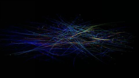 Multicolor neon light fibers intertwining across dark canvas with glowing particle sparks
