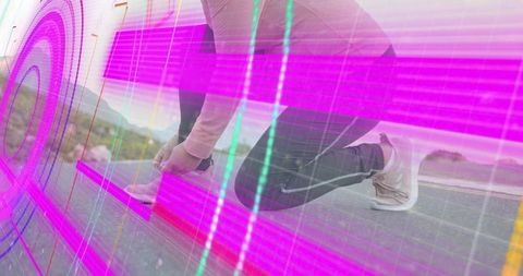 Athletic Woman Tying Shoes with Vibrant Digital Glitch Effect
