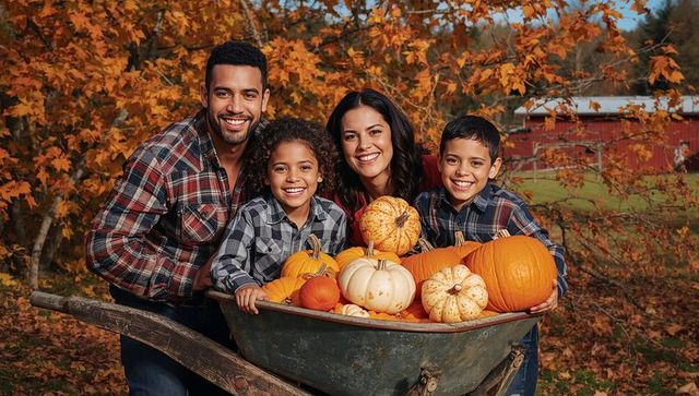 Smiling family with pumpkins in wheelbarrow on autumn farm, plaid shirts and harvest