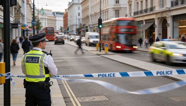 Police officer standing at cordon on busy london street with blurred double-decker bus