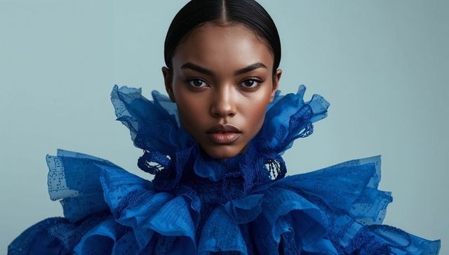 Elegant model sporting cobalt blue ruffled mesh haute couture dress