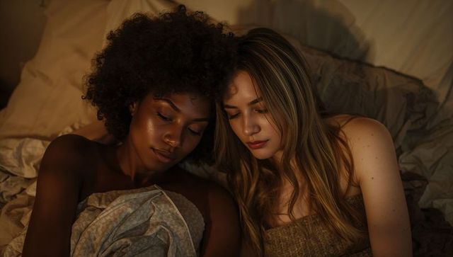 Two women cuddling in bed sharing tender moment of warmth and serenity in soft warm light