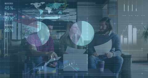 Diverse Colleagues Analyzing Data in Modern Office with Infographics