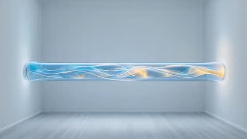 Suspended Luminescent Ribbon Flowing Inside Transparent Cylinder, Minimalist Gallery Video