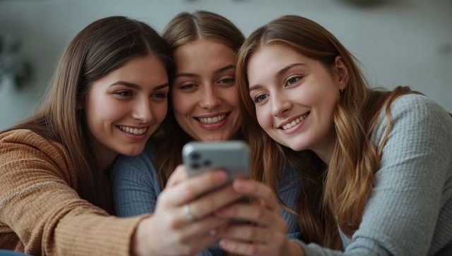 Smiling young women sharing smartphone on couch for social moment and connection