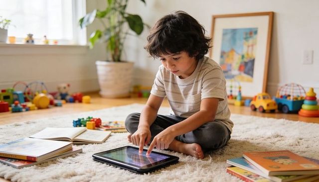 Young boy using tablet on rug surrounded by books and toys in sunlit living room