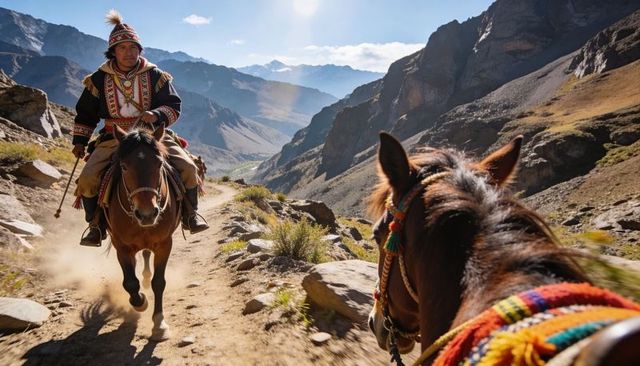 Andean rider navigating high valley trail on horseback wearing colorful chullo and poncho