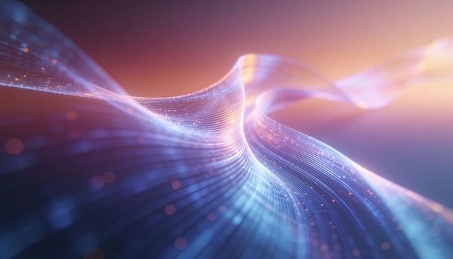 Undulating neon data wave with glowing mesh and gradient bokeh for futuristic tech design