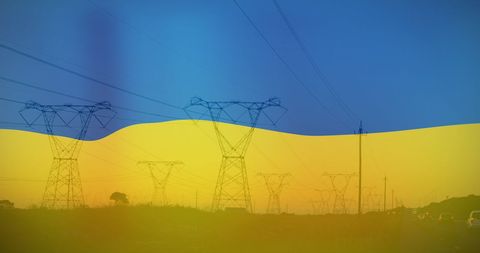 Ukrainian Flag Overlay on Power Lines at Sunset