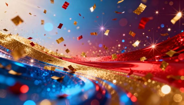 Flowing red blue gold glitter ribbons with floating square confetti and starburst bokeh