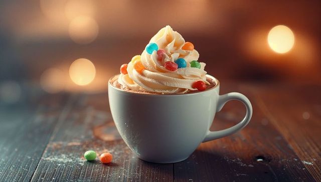 Creamy hot chocolate with whipped topping and colorful candies