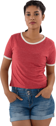 Confident woman in casual red shirt and denim shorts, isolated transparent