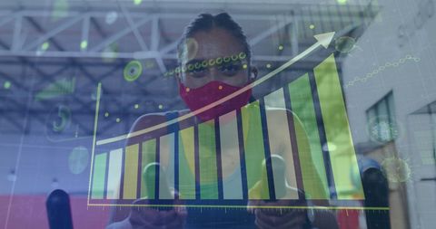 Woman Exercising with Face Mask and Overlaid Covid-19 Graphs