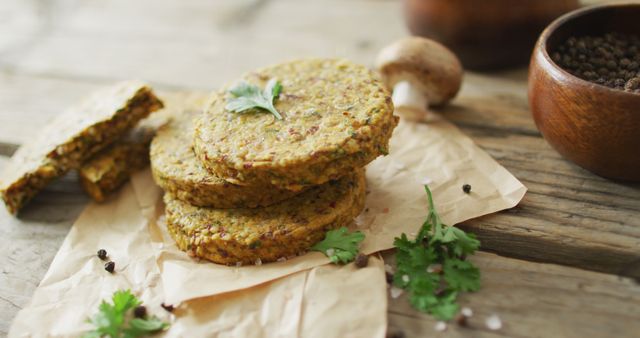 Image of fresh leaves and vegetarian burgers over wooden background - Download Free Stock Photos Pikwizard.com