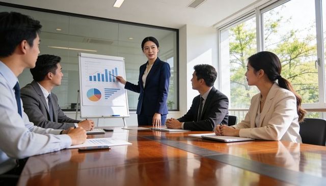 Presenting executive leading data-driven team meeting in modern glass office
