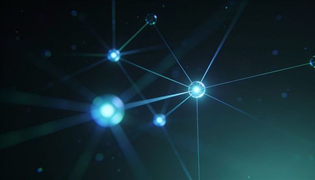 Glowing network node pulsing amid luminous digital mesh with blue beams and bokeh