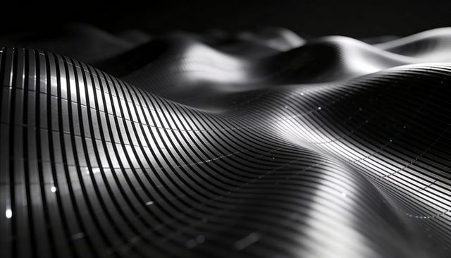 Shiny Ridged Metallic Waves Reflecting Light, Abstract Black Silver Sculptural Surface