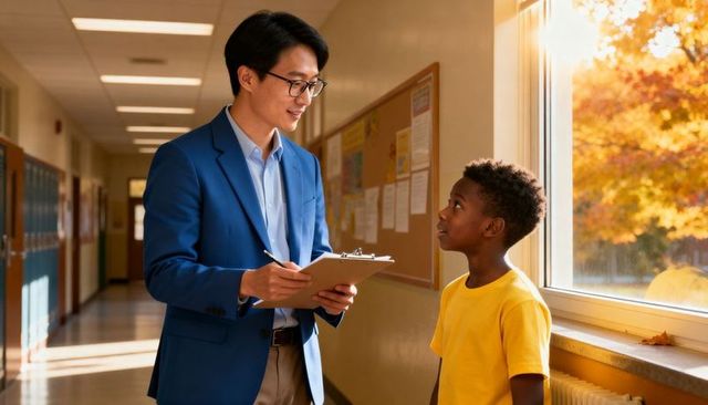 Teacher speaking with young student in sunlit school hallway holding clipboard