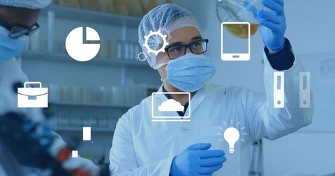 Lab technician inspecting amber flask in PPE with data and analytics overlay