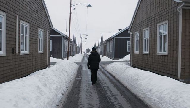 Solitary man walking down snowy village lane lined with wooden houses and high snowbanks