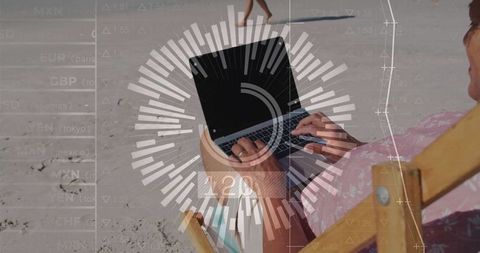Senior woman using laptop on beach with financial charts overlay