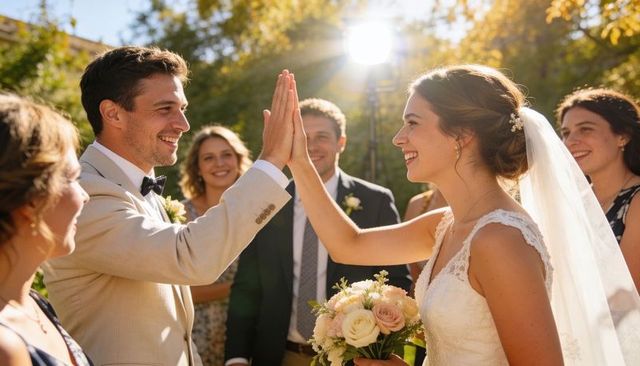 Newlyweds high-fiving during golden hour outdoor wedding celebration
