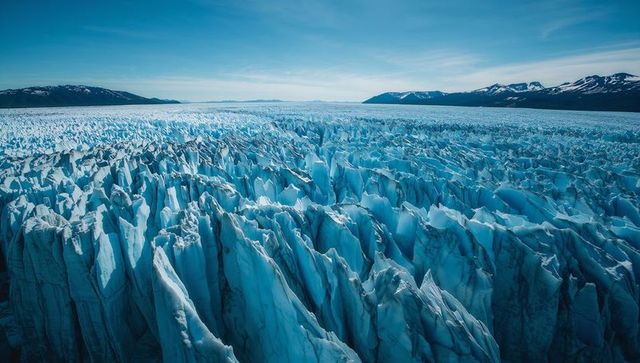 Vast Polar Glacier Field Stretching to Horizon with Jagged Seracs, Deep Crevasses, Blue Ice