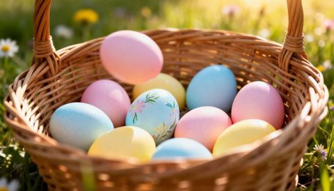 Sunlit wicker basket holding pastel easter eggs featuring hand-painted floral egg