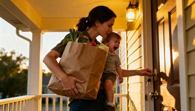 Mother balancing crying toddler unlocking front door carrying grocery bag at golden hour