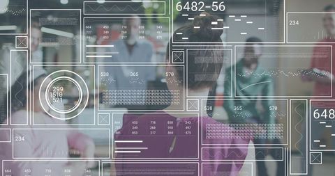 Executive surveying open-plan office with hud analytics overlay, team collaboration concept
