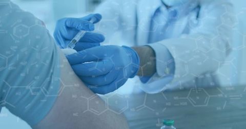 Doctor Administering Vaccine to Patient with Abstract Chemistry Overlay