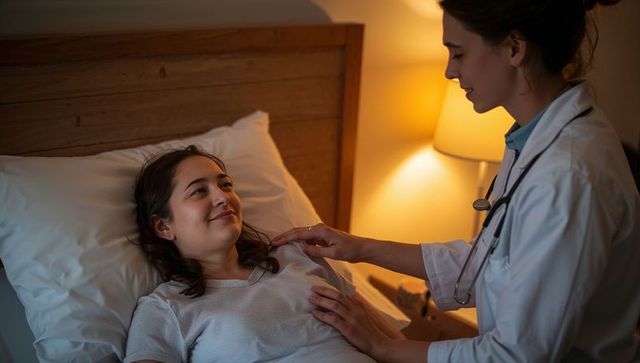 Doctor checking patient in bed during home visit, warm lamp, compassionate evening care