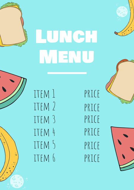 This colorful lunch menu template features vibrant food icons including sandwiches, bananas, and watermelon on a blue background. The playful design makes it suitable for cafes, diners, school cafeterias, and seasonal food events. It is an editable template, allowing easy customization with specific menu items and prices.