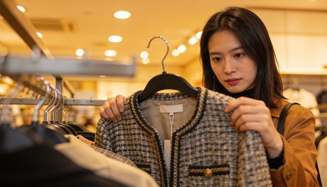 Young woman inspecting tweed jacket on hanger in boutique under warm lighting