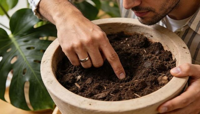 Man pressing soil in indoor pot beside monstera leaf wearing silver ring home gardening