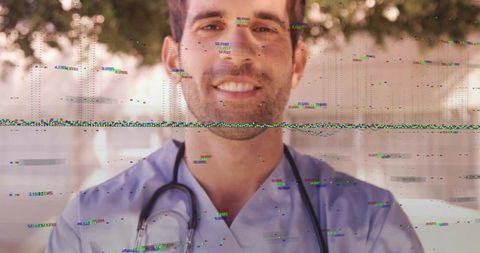 Smiling Male Healthcare Professional in Blue Scrubs with Stethoscope, Digital Glitch
