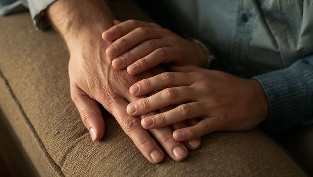 Hands Holding on Sofa Armrest Close-Up Showing Comfort, Warmth and Quiet Intimacy