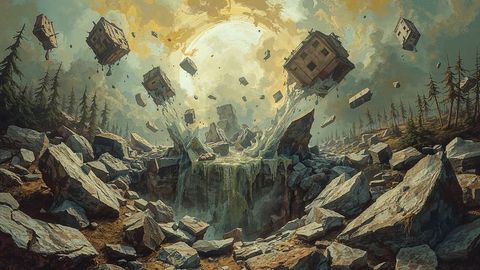 Mystical nightfall with floating houses and rocky ravine