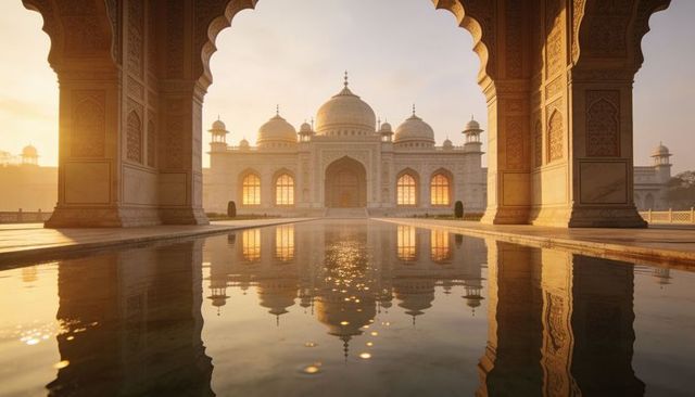 Sunrise light reflecting on white marble mausoleum framed by ornate archway