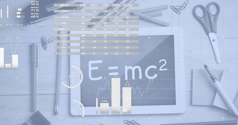 Digital Infographic Interface Overlay with Mathematical Equation on Tablet
