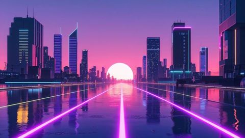 Futuristic neon cityscape at dusk with glowing sun