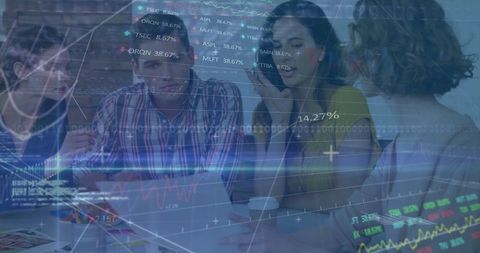 Business team discussing financial data trends in office