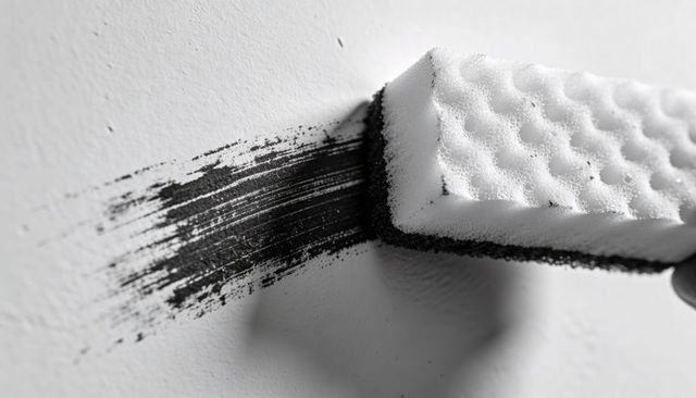 Scrubbing sponge leaving black paint smear on white wall closeup monochrome texture