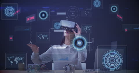 Woman Immersed in Futuristic Mixed Reality Interface