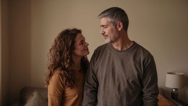 Midlife couple sharing intimate gaze in cozy living room conveying warmth and quiet romance
