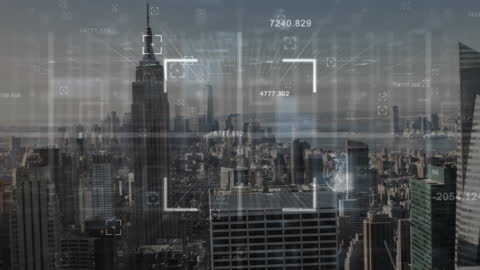 Digital Interface with Data Overlaying Cityscape